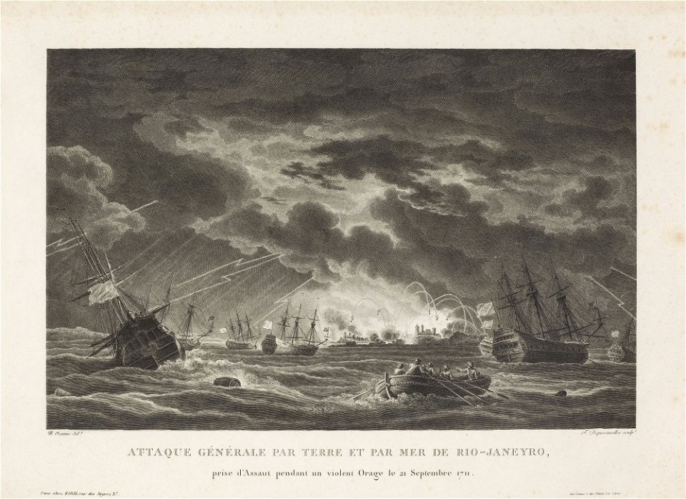 Attaque générale par terre et par mer de Rio-Janeyro, prise d´Assaut pendant un violent Orage le 21 Septembre 1711, da Coleção Brasiliana Iconográfica