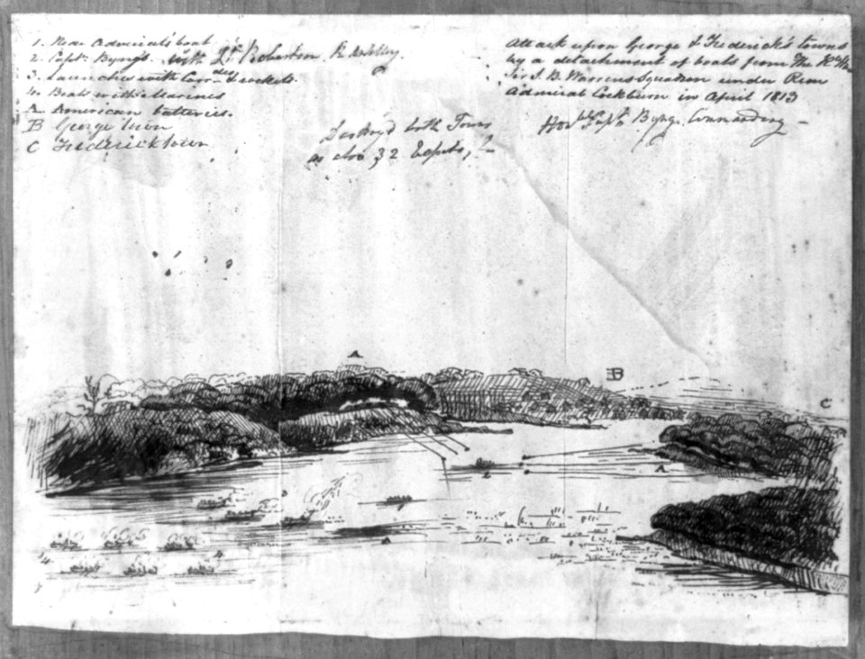 Attack upon George & Federick's towns by a detachment of boats from The R. Hon. Sir T. B. Warrens squadron under Rear Admiral Cockburn in April 1813 LCCN2004662209