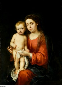 Attributed to Bartolomé-Esteban Murillo - The Virgin and Child with a Rosary, c. 1670-1680. Free illustration for personal and commercial use.