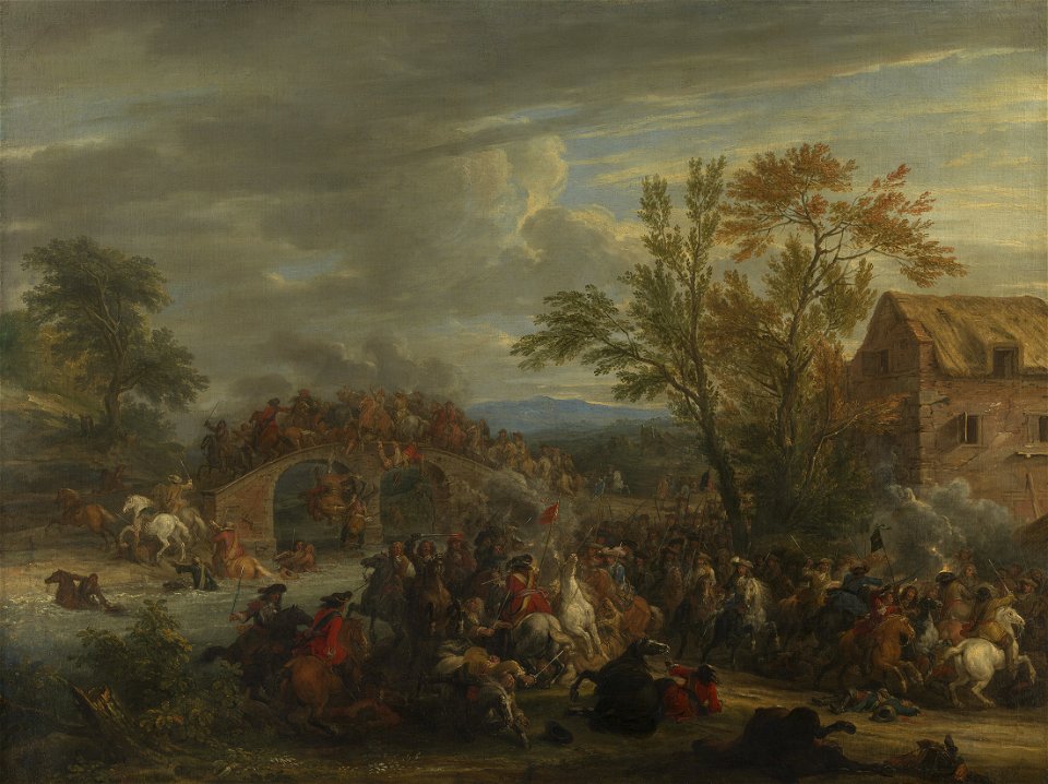Attributed to Adam-François van der Meulen (1632-90) - A Cavalry Engagement at a Bridge - RCIN 404700 - Royal Collection