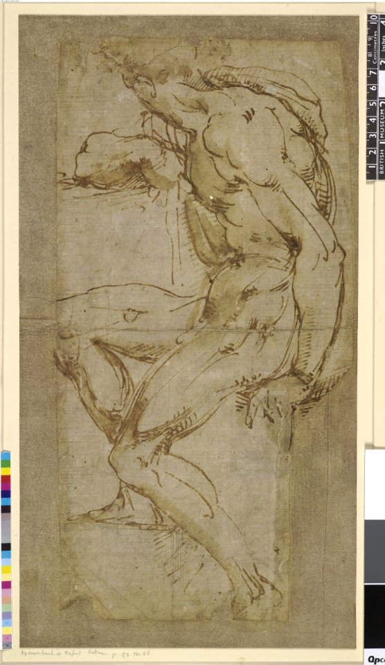 Attributed to Baccio Bandinelli - A nude man seated to l, his upper body twisted round towards background, 1854,0628.1
