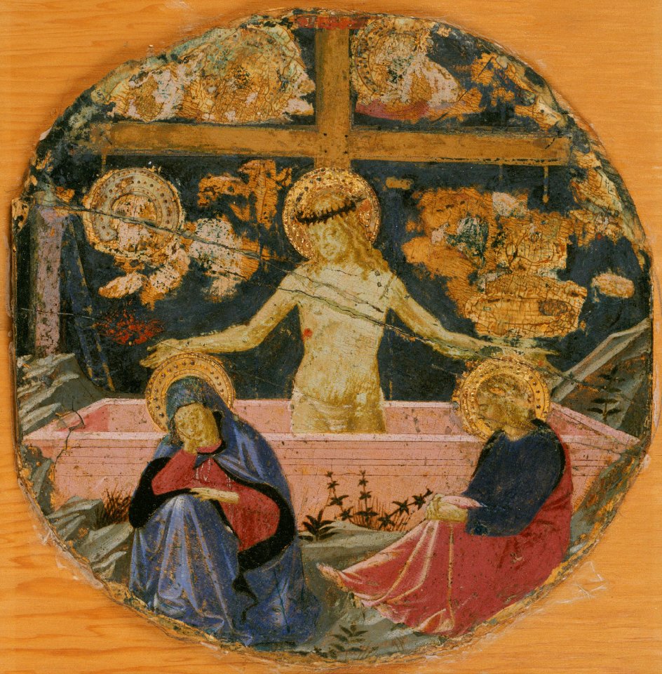 Attributed to Benozzo Gozzoli - The Man of Sorrows, with the Mourning Virgin, Saint John the Evangelist, and Symbols of the Passion, c. 1447