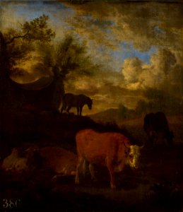 Attributed to Adriaen van de Velde (Amsterdam 1636-Amsterdam 1672) - Cattle, a Horse and a Sleeping Herdsman - RCIN 402833 - Royal Collection