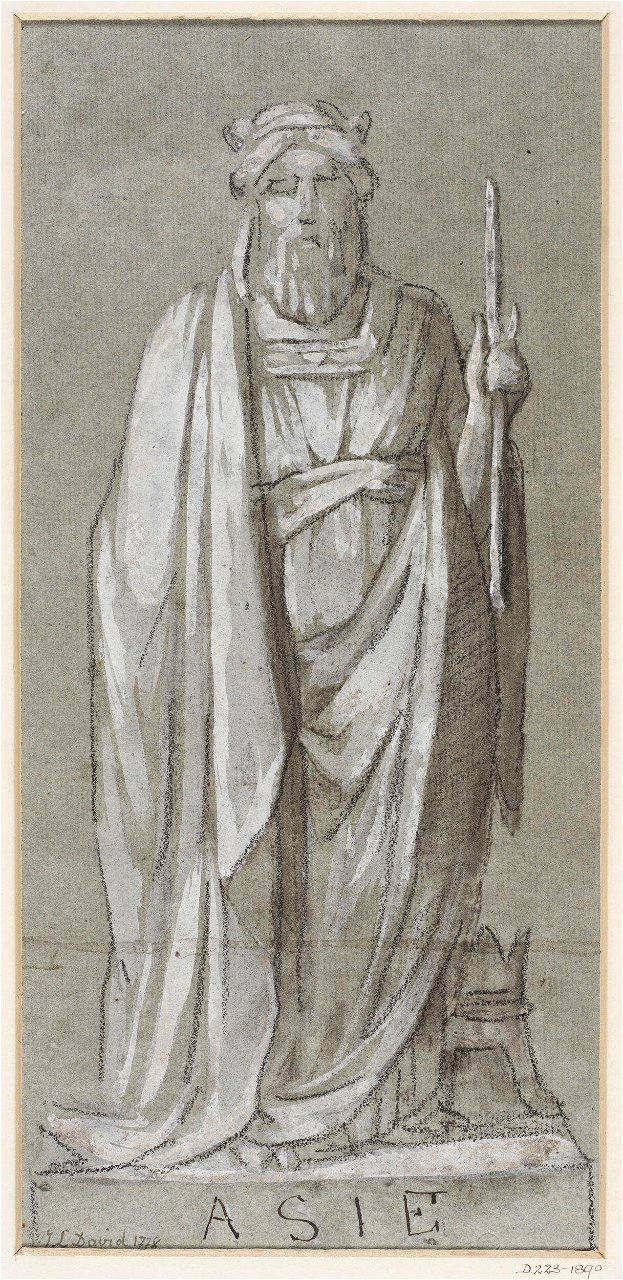 Attributed to Jacques Louis David - Sketch of a bearded, draped male figure, standing upon a plinth and holding a baton in his left hand, D.223-1890