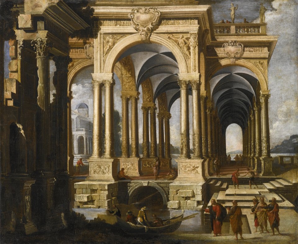 Attributed to François de Nomé Architectural Capriccio with Christ and Disciples