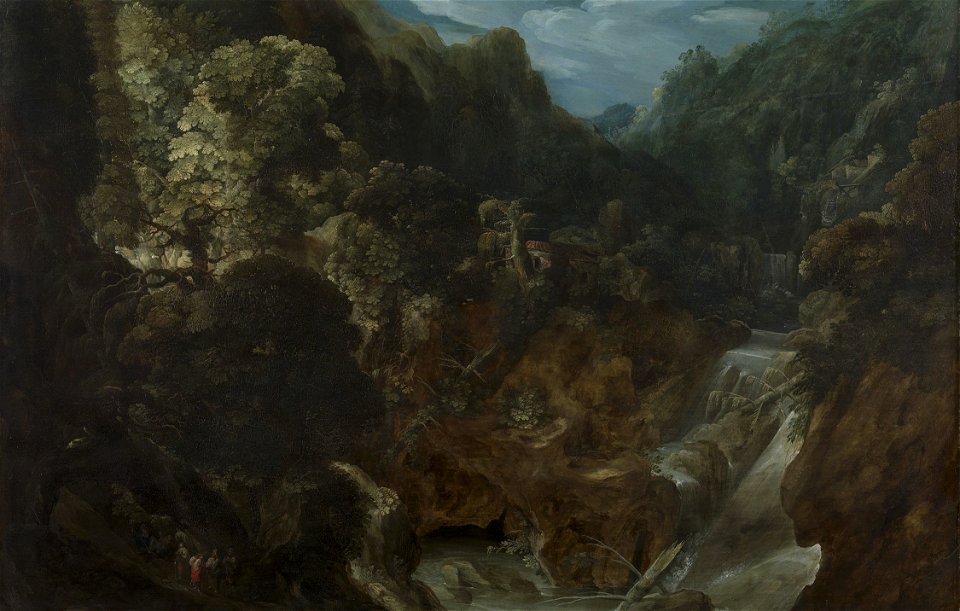 Attributed to Martin Rijckaert (Antwerp 1587 - Antwerp c.1631) - A Rocky Landscape with a Waterfall, the Flight into Egypt - RCIN 402547 - Royal Collection