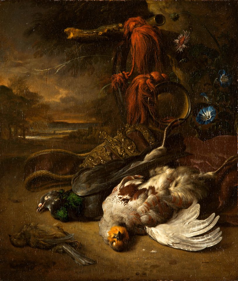 Attributed to Jan Weenix (c.1642-1719) - A Wood Pigeon, a Partridge and a Greenfinch with Instruments of the Chase - RCIN 405507 - Royal Collection