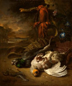 Attributed to Jan Weenix (c.1642-1719) - A Wood Pigeon, a Partridge and a Greenfinch with Instruments of the Chase - RCIN 405507 - Royal Collection
