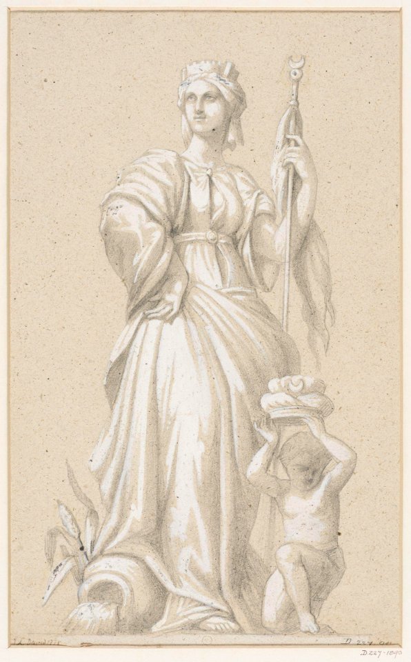 Attributed to Jacques Louis David - Standing draped female figure, holding a staff surmounted by a crescent, with a putto on her left bearing a turban, D.227-1890