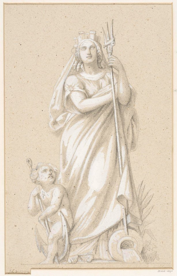 Attributed to Jacques Louis David - Standing draped female figure, holding a trident resting upon a urn spouting water, and with a putto holding anchor at her right side, D.226-1890