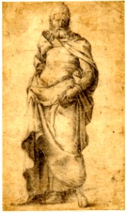 Attributed to Giulio Clovio - A standing, bearded man, to front, holding a book, Pp,1.59