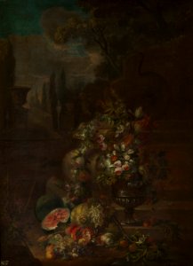 Attributed to Mario Nuzzi (1603-73) - Flowers and Fruit, with a Garden View behind - RCIN 404586 - Royal Collection
