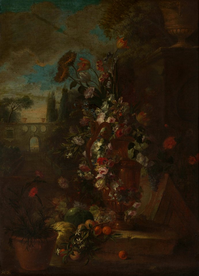 Attributed to Mario Nuzzi (1603-73) - Flowers and Fruit with a Garden behind - RCIN 404587 - Royal Collection