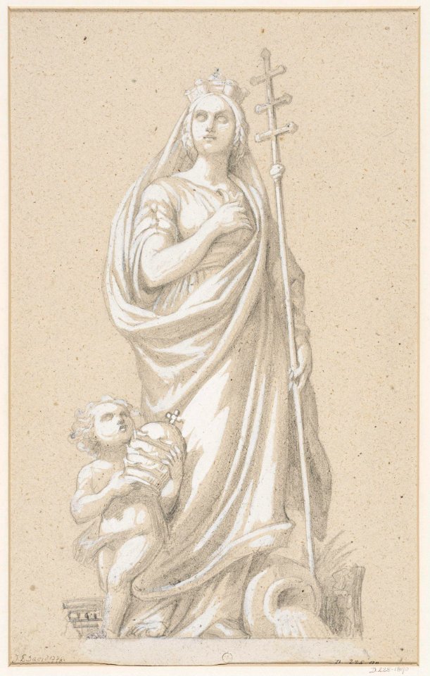 Attributed to Jacques Louis David - Standing draped female figure, holding a triple cross in her hand and with a putto at her feet bearing a triple tiara, at her left foot an urn spouting water, D.225-1890