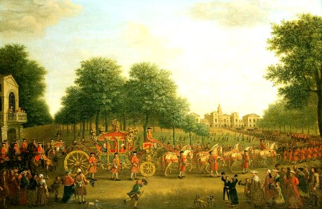 Attributed to John Wootton (c. 1682-1764) - George III's Procession to the Houses of Parliament - RCIN 402002 - Royal Collection. Free illustration for personal and commercial use.