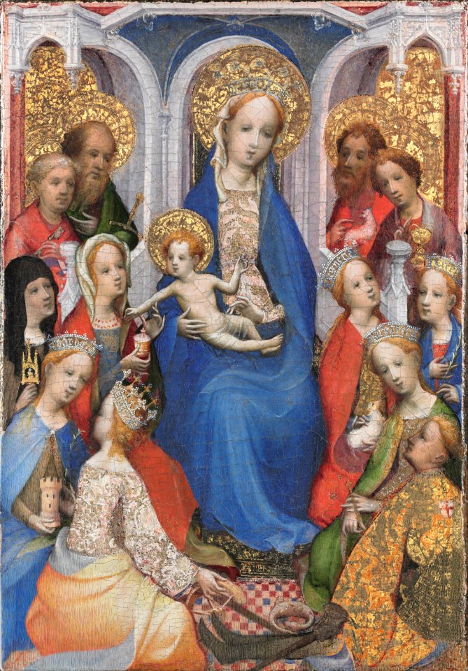 Attributed to the Master of Saint Veronica, German, active c. 1395 - c. 1425 - Enthroned Virgin and Child, with Saints Paul, Peter, Clare of Assisi, Mary Magdalene, Barbara, Cathe... - Google Art Project