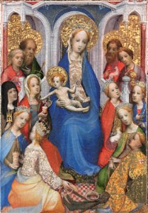 Attributed to the Master of Saint Veronica, German, active c. 1395 - c. 1425 - Enthroned Virgin and Child, with Saints Paul, Peter, Clare of Assisi, Mary Magdalene, Barbara, Cathe... - Google Art Project. Free illustration for personal and commercial use.