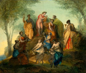 Attributed to Pierre-Paul Prud'hon - Apollo and the Nine Muses on Mount Parnassus. Free illustration for personal and commercial use.