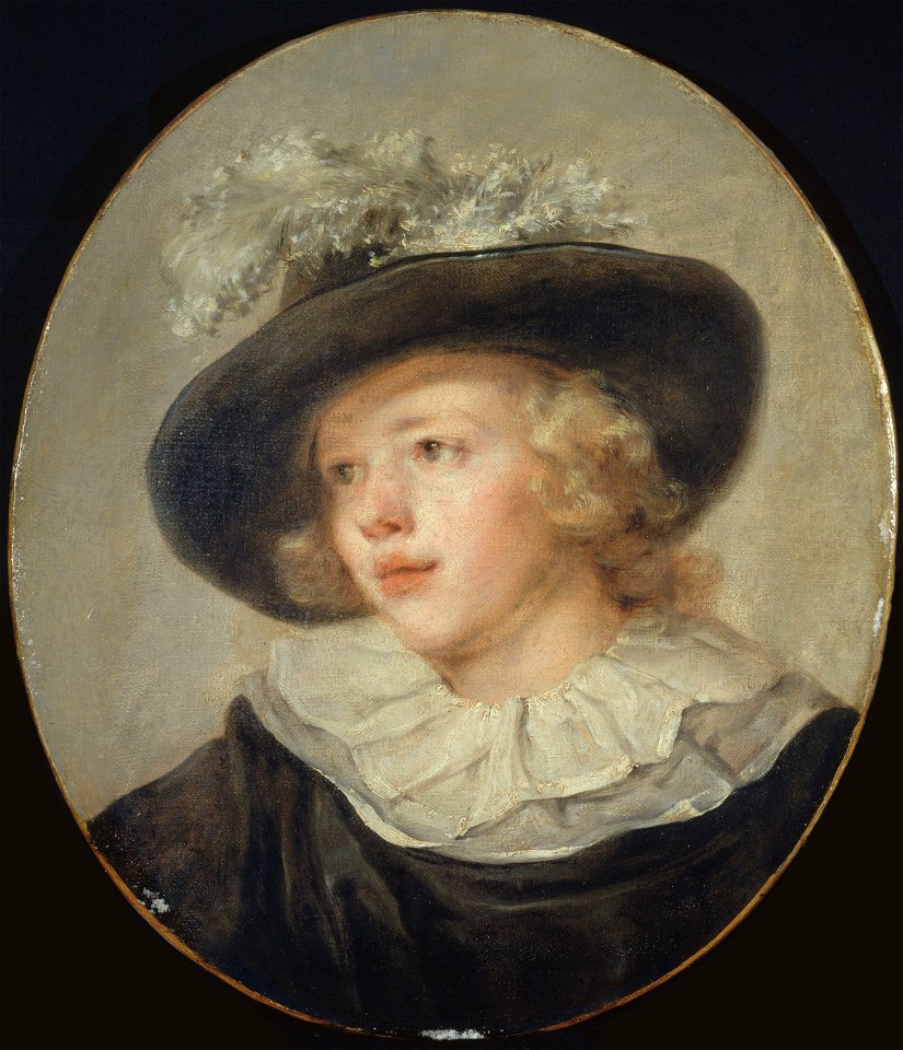 Attribué à Fragonard - Portrait de jeune garçon avec un chapeau à plumes, Vers 1785