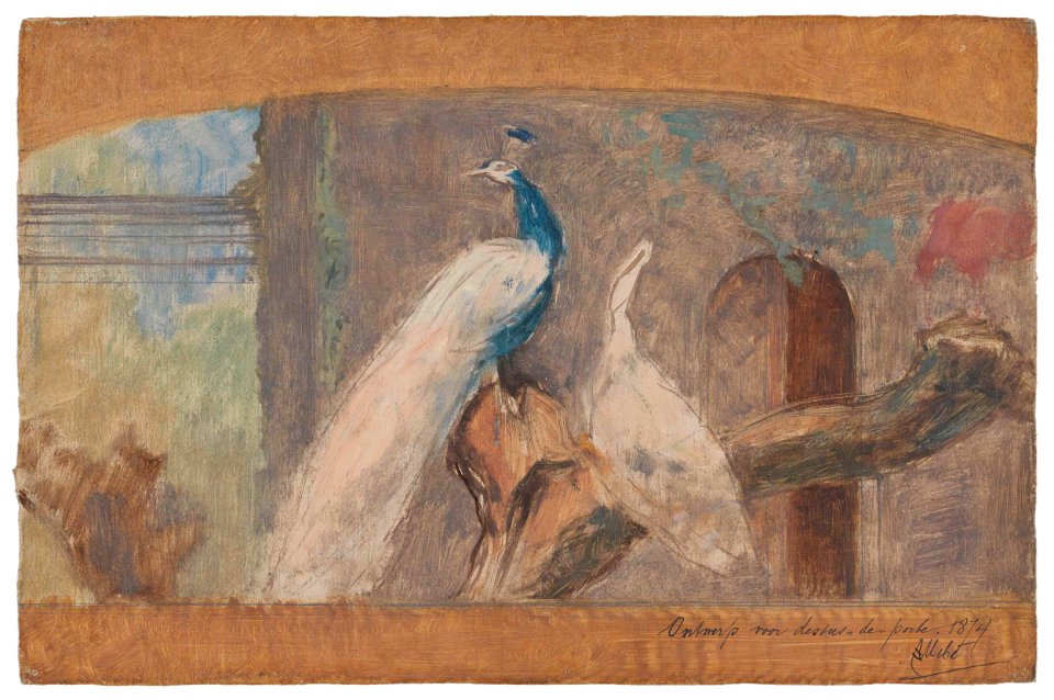 August Allebé - Ontwerp voor een dessus-de-porte, tak met pauw en andere vogels - RP-T-1950-205 - Rijksmuseum