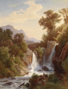 August Friedrich Kessler Angler am Wasserfall 1853. Free illustration for personal and commercial use.