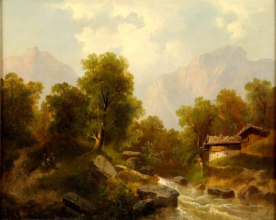 August Lang Gebirgslandschaft mit Wildbach