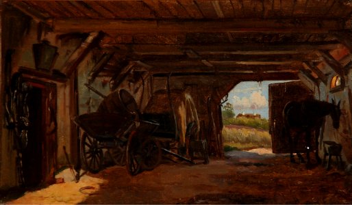 August Fischer - En staldbygning med en opslået port bagest