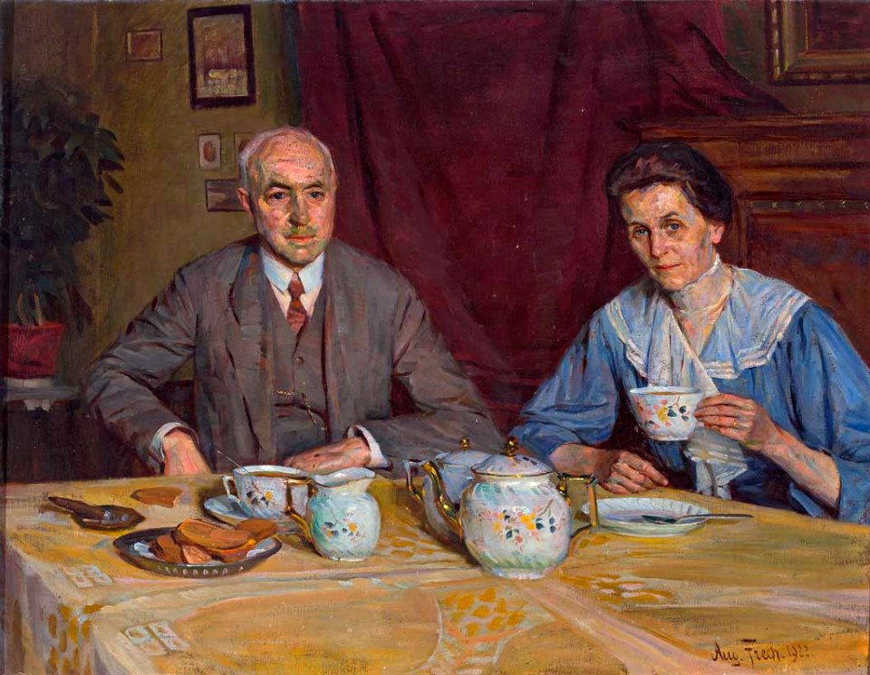 August Frech Portrait Ludwig Wratzfeld und Frau Ida am Kaffeetisch 1922