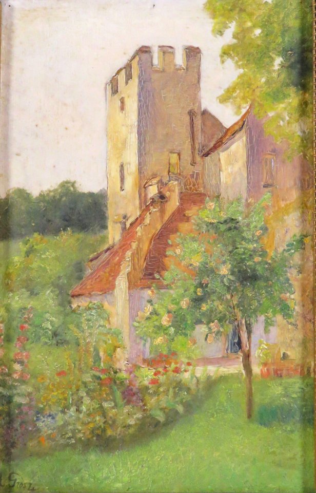 August Grosz - Burgzinnen mit Gebäudevorbau im Frühsommer