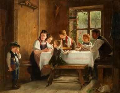 August Heyn Weinender Junge beim Mittagsmahl in der Bauernstube