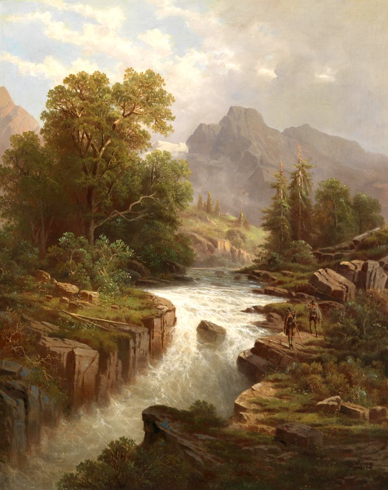 August Lang Wanderer am Gebirgsbachufer