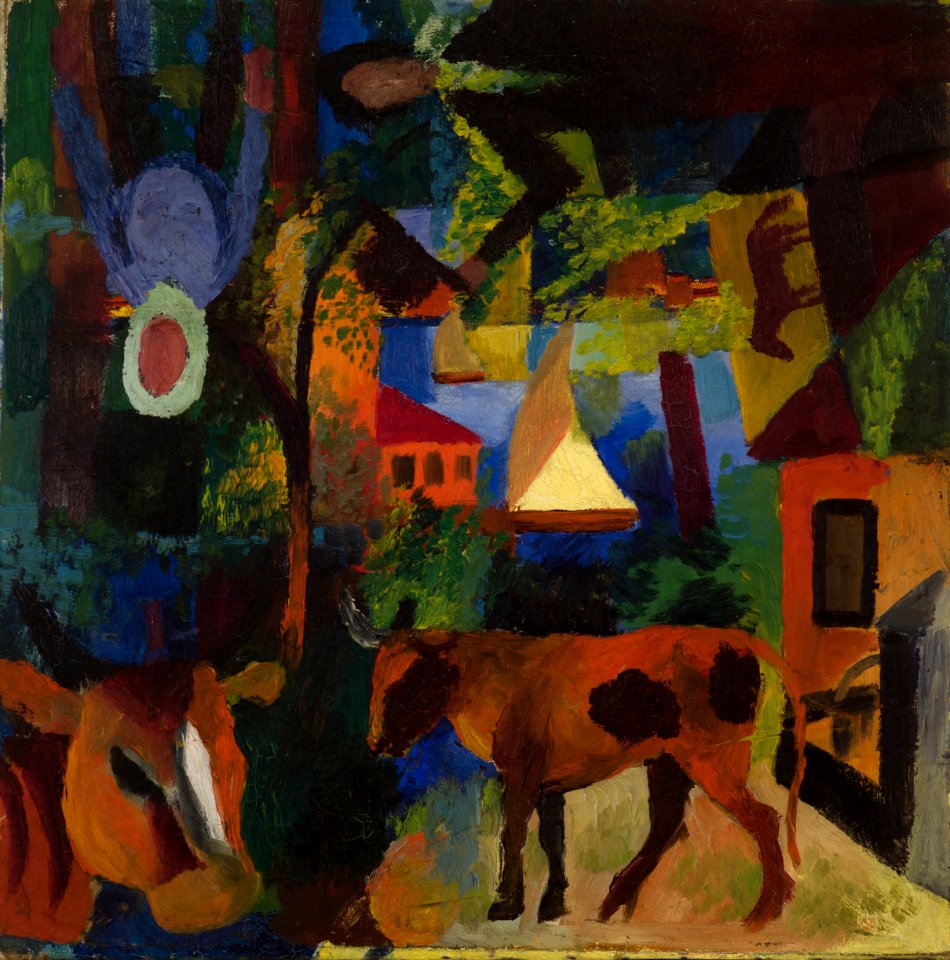 August Macke - Landscape with Cows, Sailboat, and Figures - 911-1983 - Saint Louis Art Museum