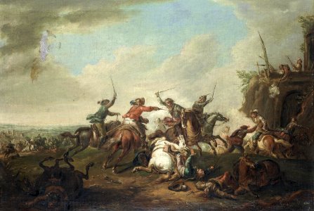 August Querfurt - Ein Reitergefecht mit schießenden Schützen auf einem Dach