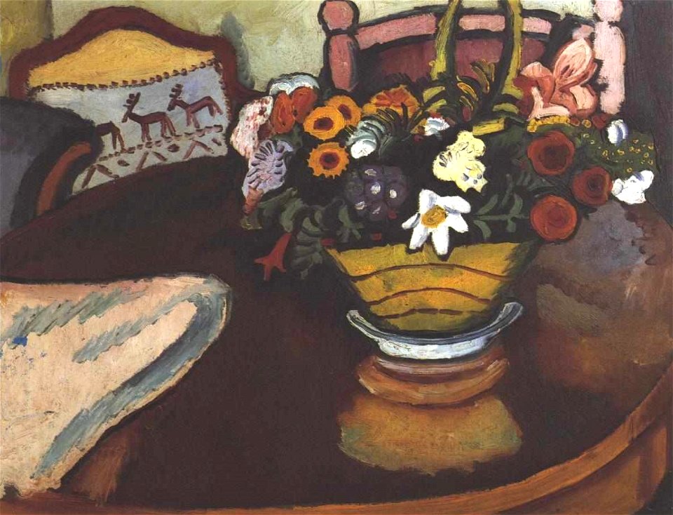 August Macke Still life with pillow with deer décor and a bouquet, 1911