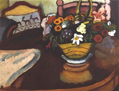 August Macke Still life with pillow with deer décor and a bouquet, 1911