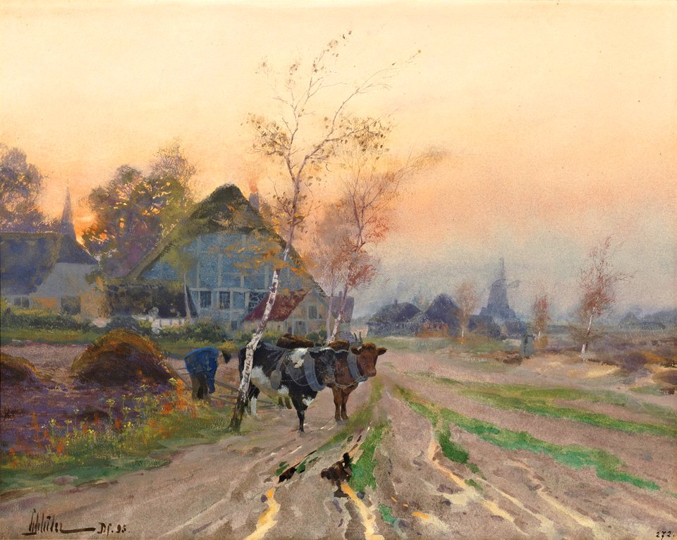 August Schlüter Niederrheinische Dorfstraße mit Ochsenpflug im Abendrot