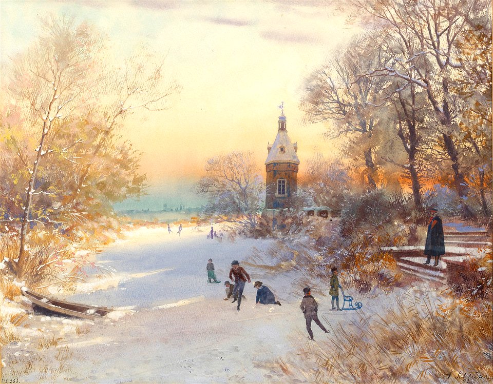 August Schlüter Niederrheinische Winterlandschaft mit spielenden Kindern 1892