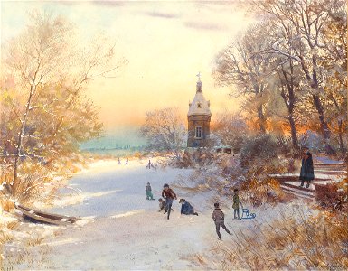 August Schlüter Niederrheinische Winterlandschaft mit spielenden Kindern 1892