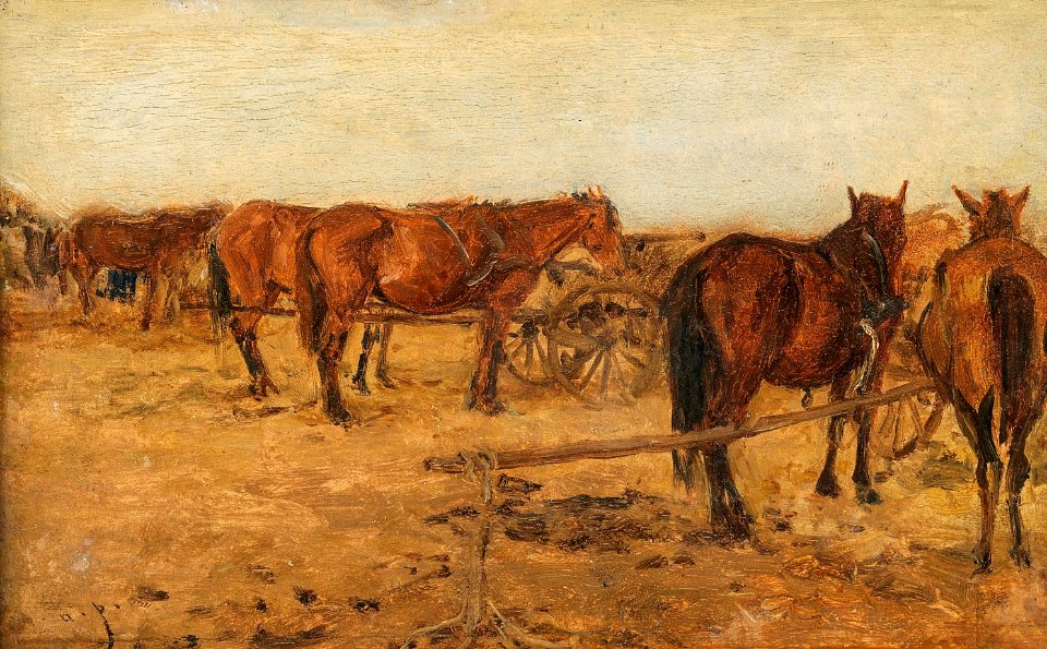 August von Pettenkofen Ausgespannte Pferde und Wagen