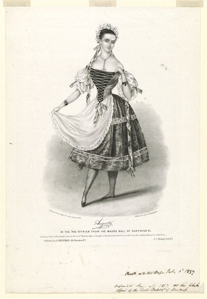 Augusta in the Pas Styrien from the mask'd ball of Gustavus III - drawn on stone by Hoffy from the original sketch ; taken from life by Heidemans. LCCN2017646681