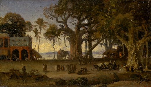 Auguste Borget - Moonlit Scene of Indian Figures and Elephants among Banyan Trees, Upper India (probably Lucknow) - Google Art Project
