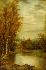Autumn Landscape With Pond And Castle Tower-Alfred Glendening-1869. Free illustration for personal and commercial use.