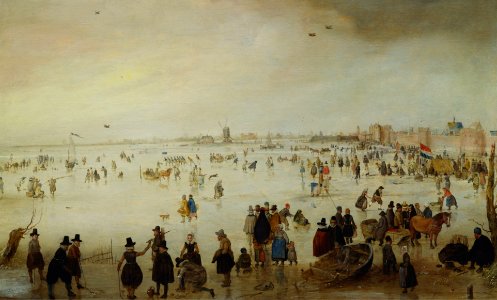 Hendrick Avercamp - Skaters and golf players on frozen floodwaters by the Broederpoort at Kampen. Free illustration for personal and commercial use.