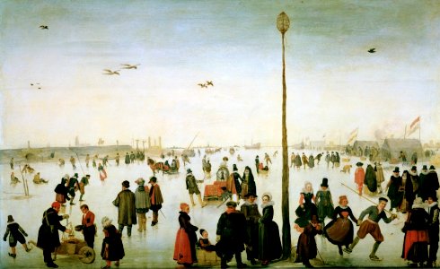 Hendrick Avercamp - Winter Landscape with a Frozen River and Figures (ca.1620). Free illustration for personal and commercial use.