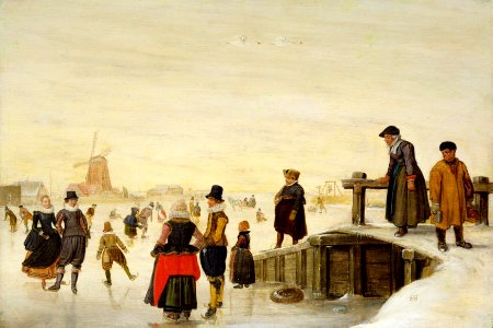 Hendrick Avercamp - Figures skating in a Dutch landscape (ca.1625). Free illustration for personal and commercial use.