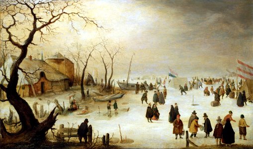 Hendrick Avercamp - A Winter River Landscape with Figures on the Ice. Free illustration for personal and commercial use.