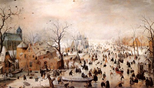 Winter landscape with skaters, by Hendrick Avercamp. Free illustration for personal and commercial use.