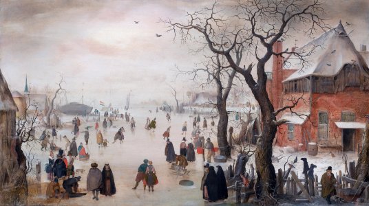 Winter landscape near a village, by Hendrick Avercamp. Free illustration for personal and commercial use.