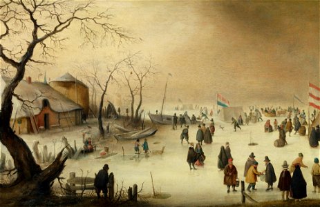 Hendrick Avercamp - A Winter river Landscape with figures on the ice. Free illustration for personal and commercial use.