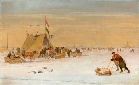 Hendrick Avercamp - A winter landscape with figures on the ice. Free illustration for personal and commercial use.